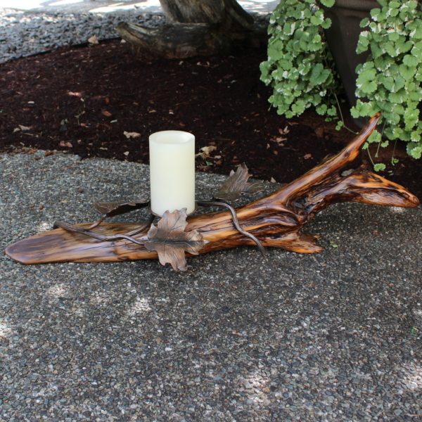 Driftwood Candleholder with forged maple leaves